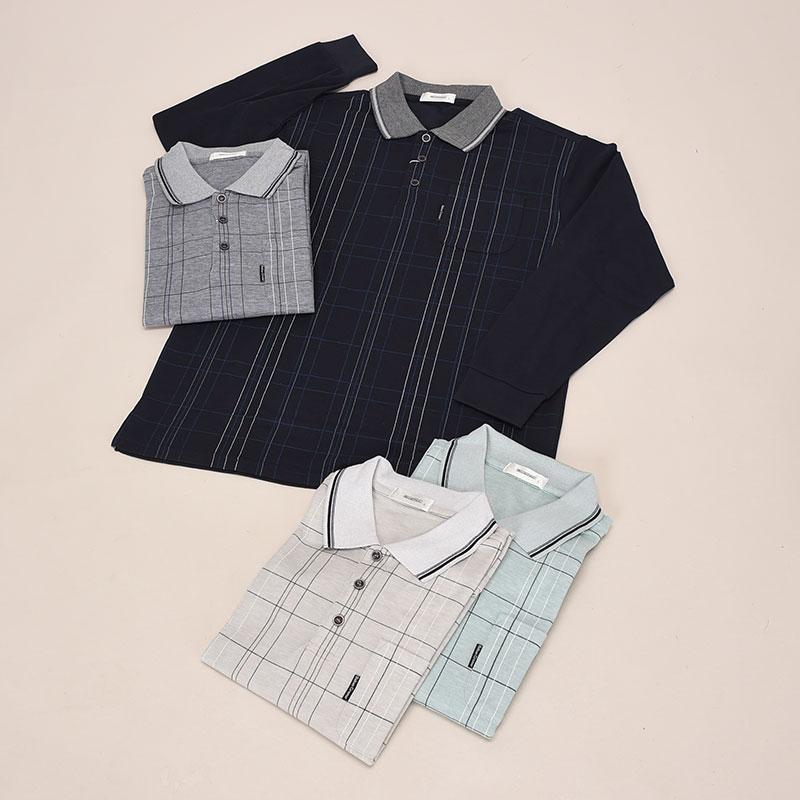 紳士長袖格子鹿の子ポロシャツ