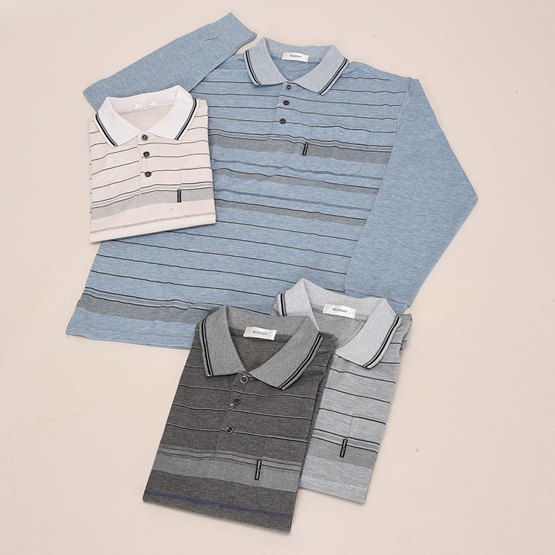 紳士長袖ボーダー鹿の子ポロシャツ