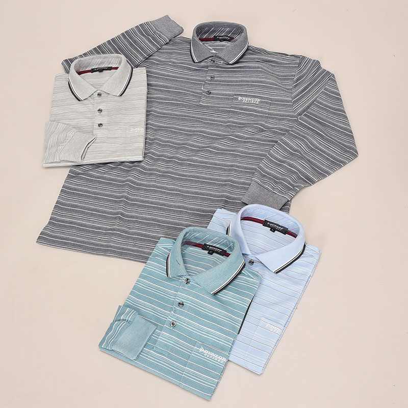 紳士長袖ブランドボーダー鹿の子ポロシャツ