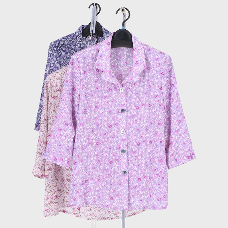 婦人7分袖サッカー抜染プリントブラウス