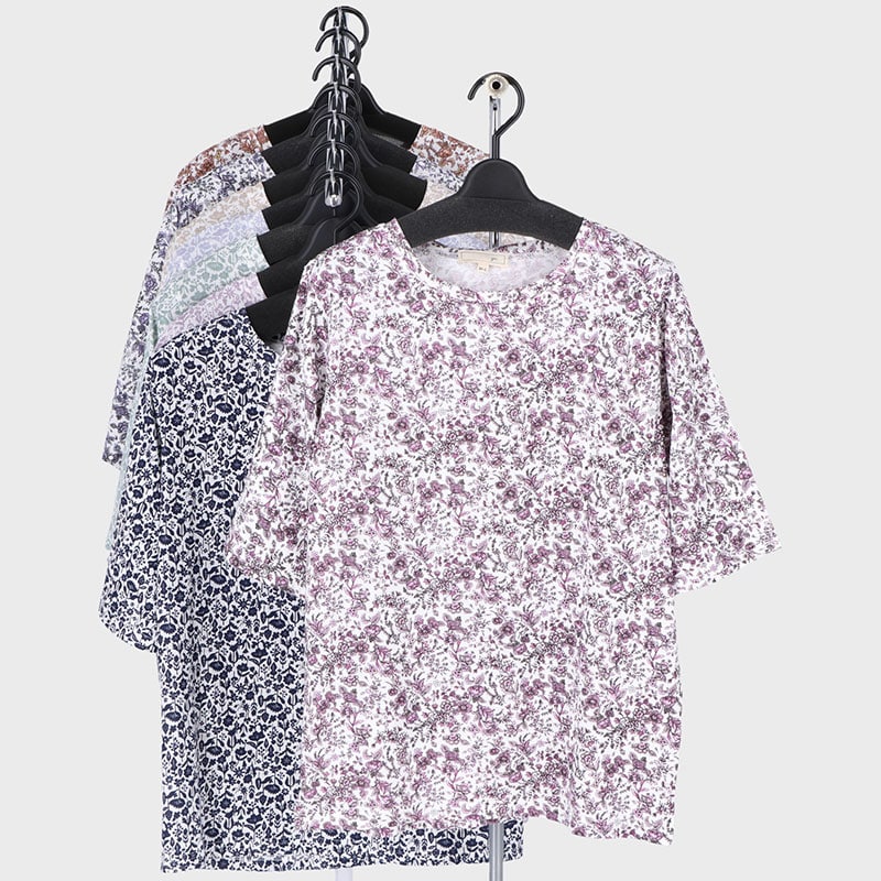 婦人大寸5分袖総柄プリント2柄Tシャツ