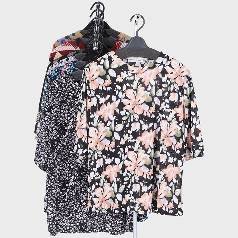 婦人5分袖楊柳衿ギャザープリントTシャツ