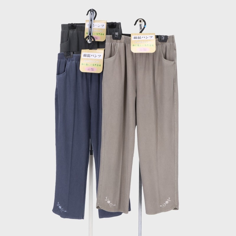 婦人8分丈製品染裾刺しゅうパンツ