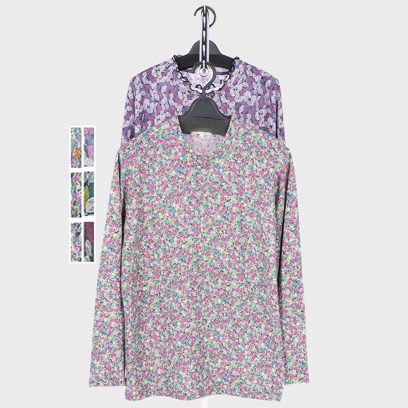 婦人長袖ニットソー総プリントTシャツ2柄