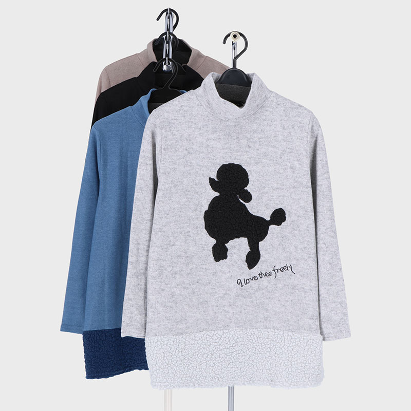 婦人表起毛いぬアップリケ刺しゅうTシャツ