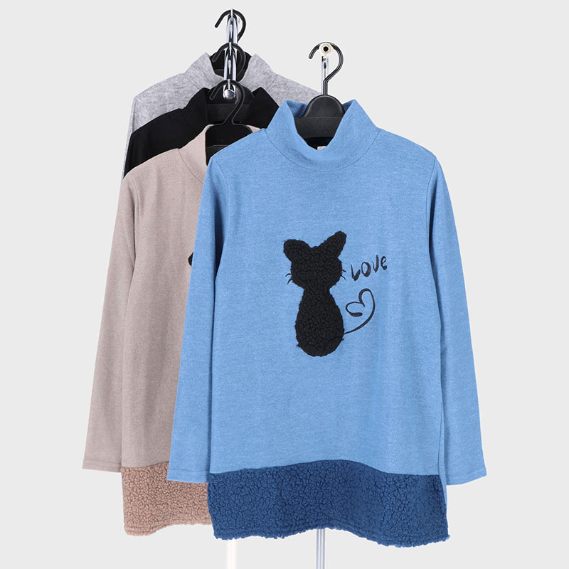 婦人表起毛ねこアップリケ刺しゅうTシャツ