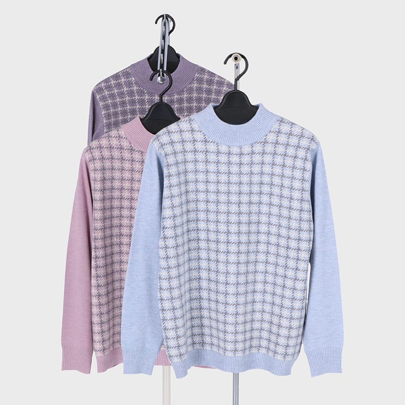 婦人もちもちニット配色プルオーバー