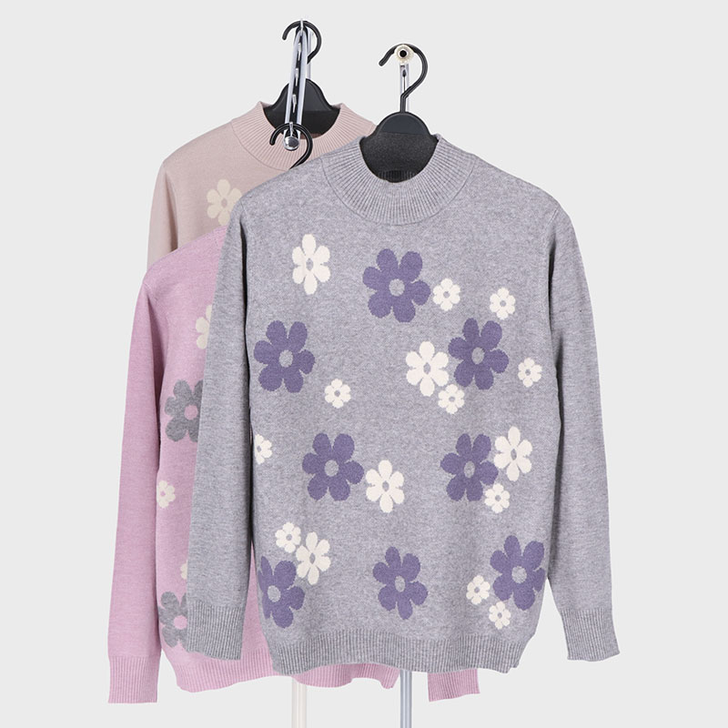 婦人もちもちニット配色プルオーバー