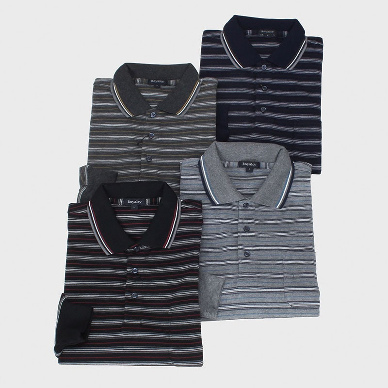 紳士長袖スムースボーダーポロシャツ