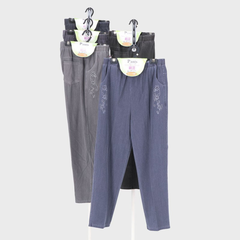 婦人大寸裏起毛製品染め刺しゅう入りパンツ