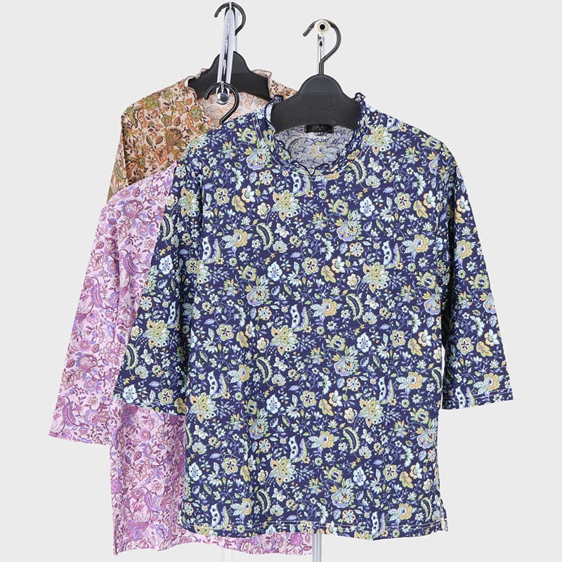 婦人7分袖ジャガードプリントTシャツ