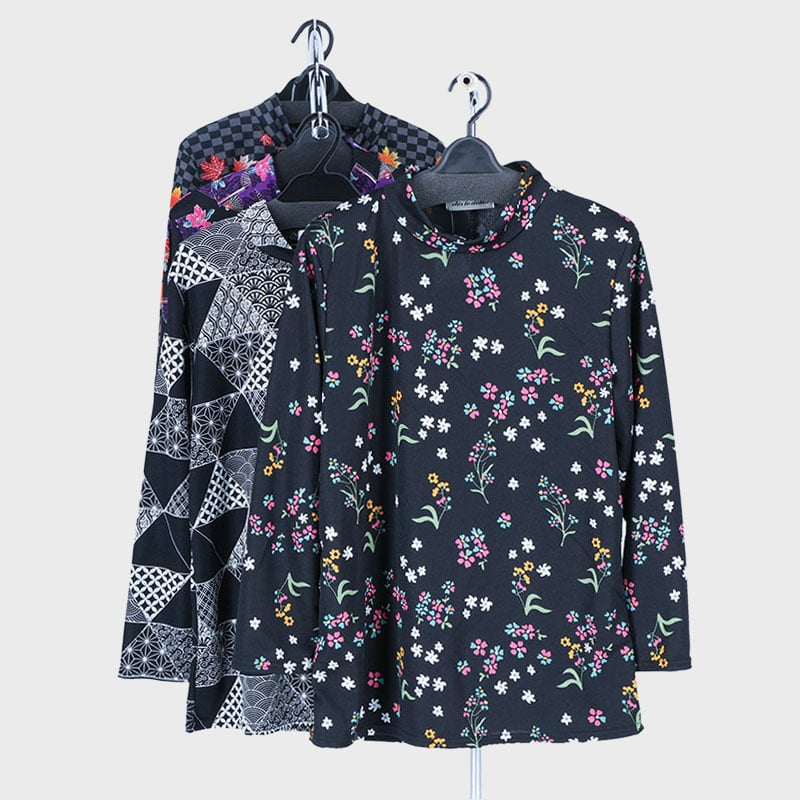 婦人ちりめんハイネックAラインプリントTシャツ