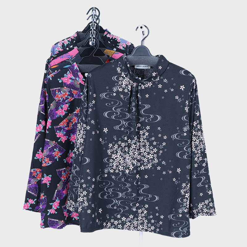 婦人大寸ちりめん衿ギャザープリントTシャツ