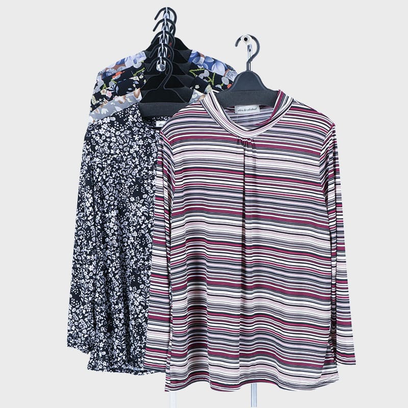 婦人大寸ITY胸ギャザープリントTシャツ