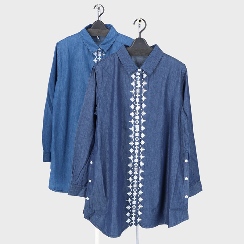 婦人長袖デニム刺しゅうシャツ