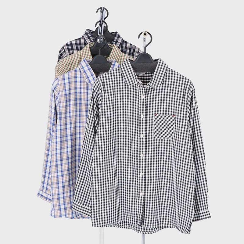 婦人格子柄丸衿シャツ