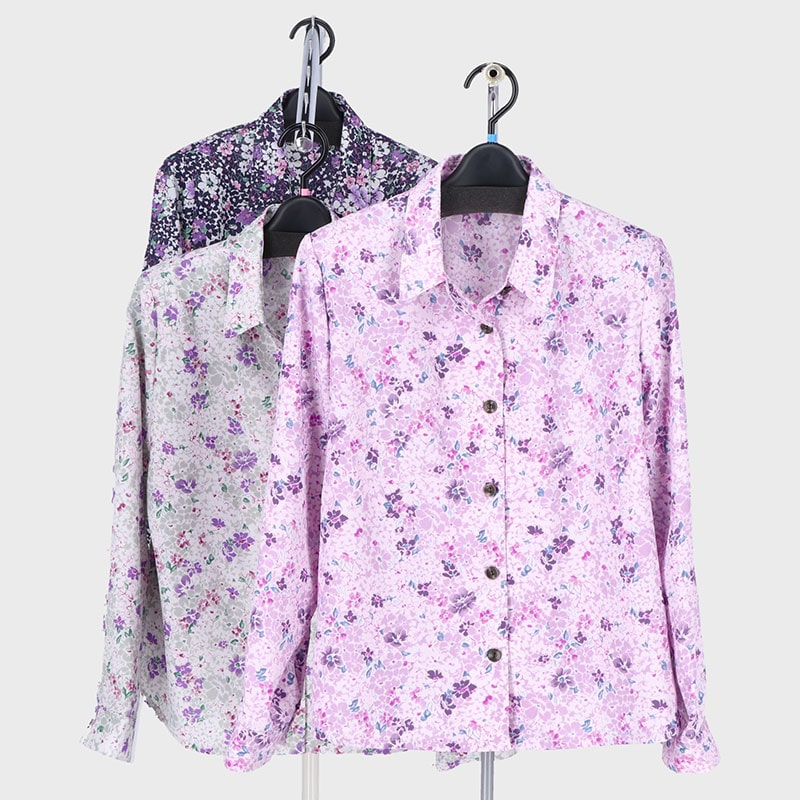 婦人ハニカム抜染プリントブラウス