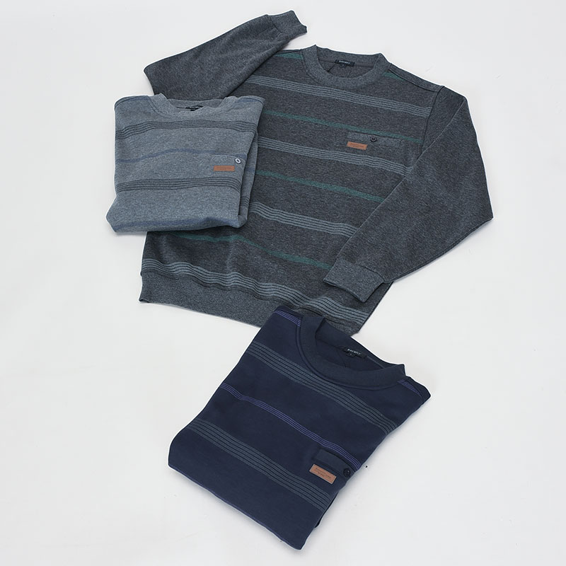 紳士大寸裏起毛前身ボーダー丸首トレーナー