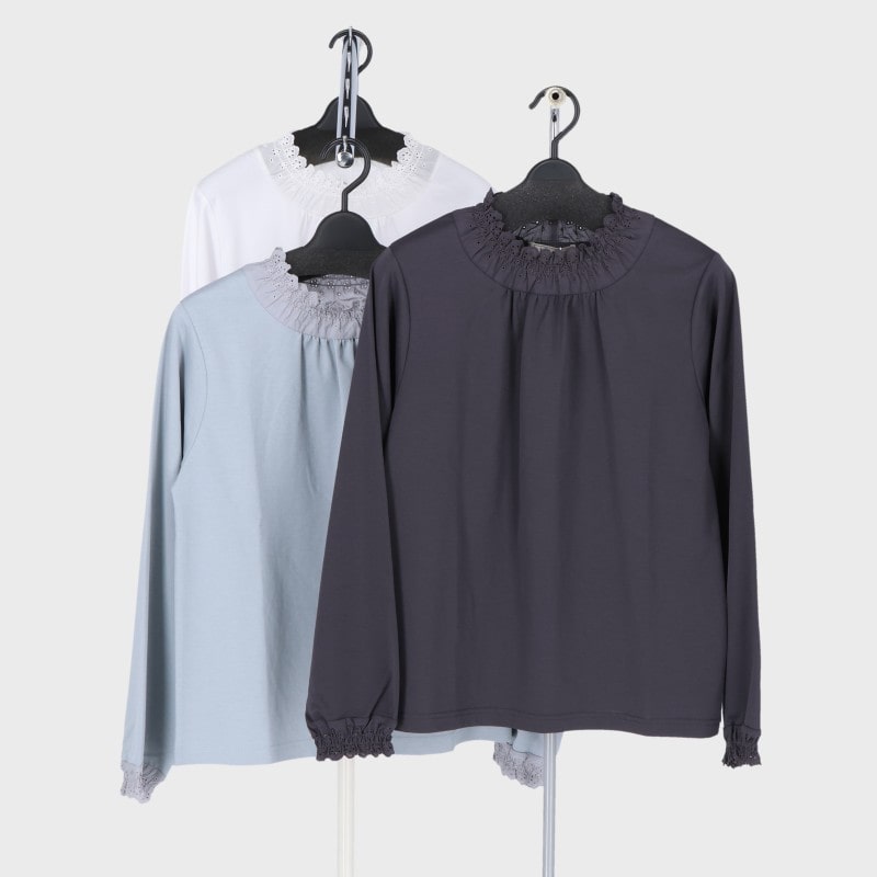 婦人長袖ポンチシャーリングレース使いプルオーバー