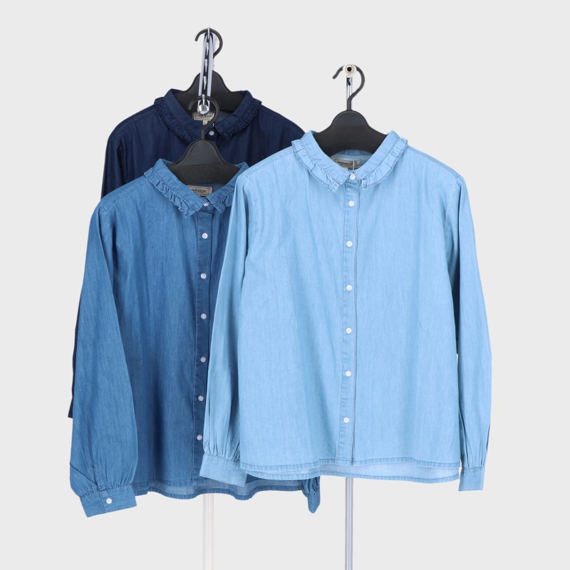 婦人長袖デニムフリル衿ブラウス