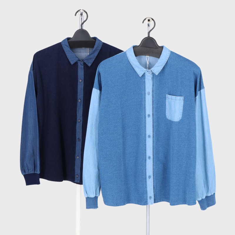 婦人長袖ミニ裏毛デニム切替シャツ