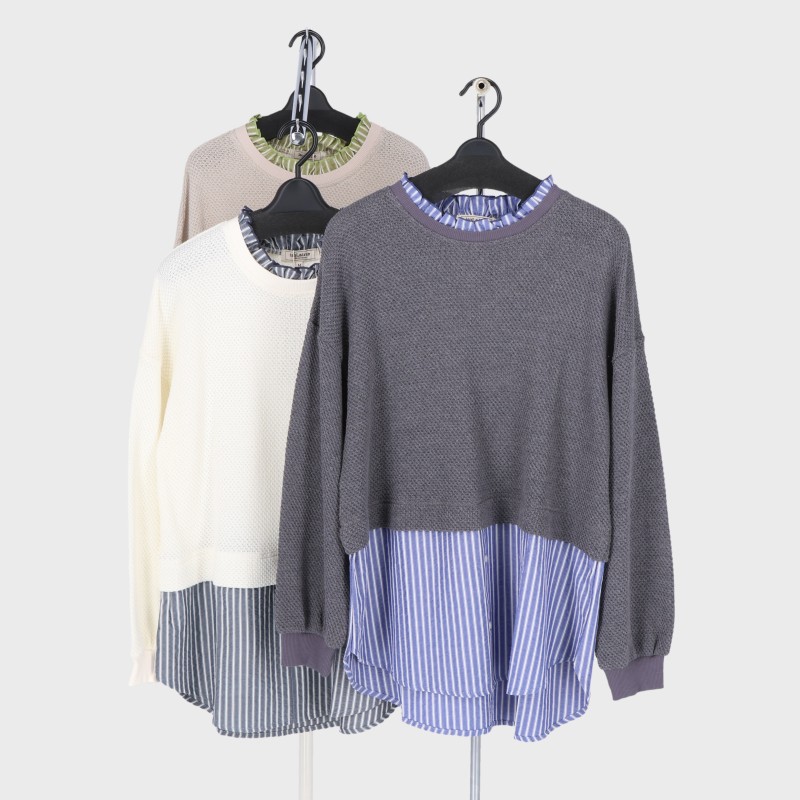 婦人長袖レイヤード風布帛切替プルオーバー
