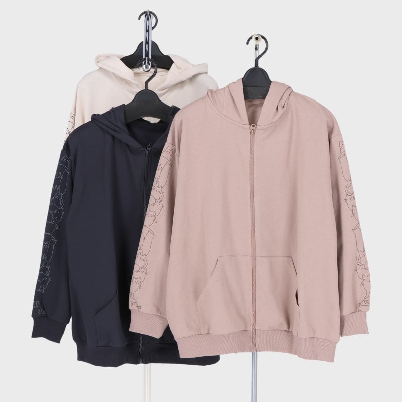 婦人裏毛猫耳付きプリントパーカー