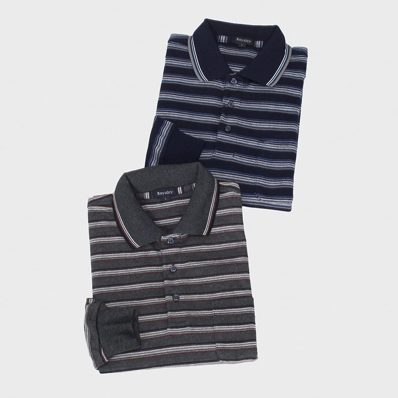 紳士大寸長袖スムースボーダーポロシャツ