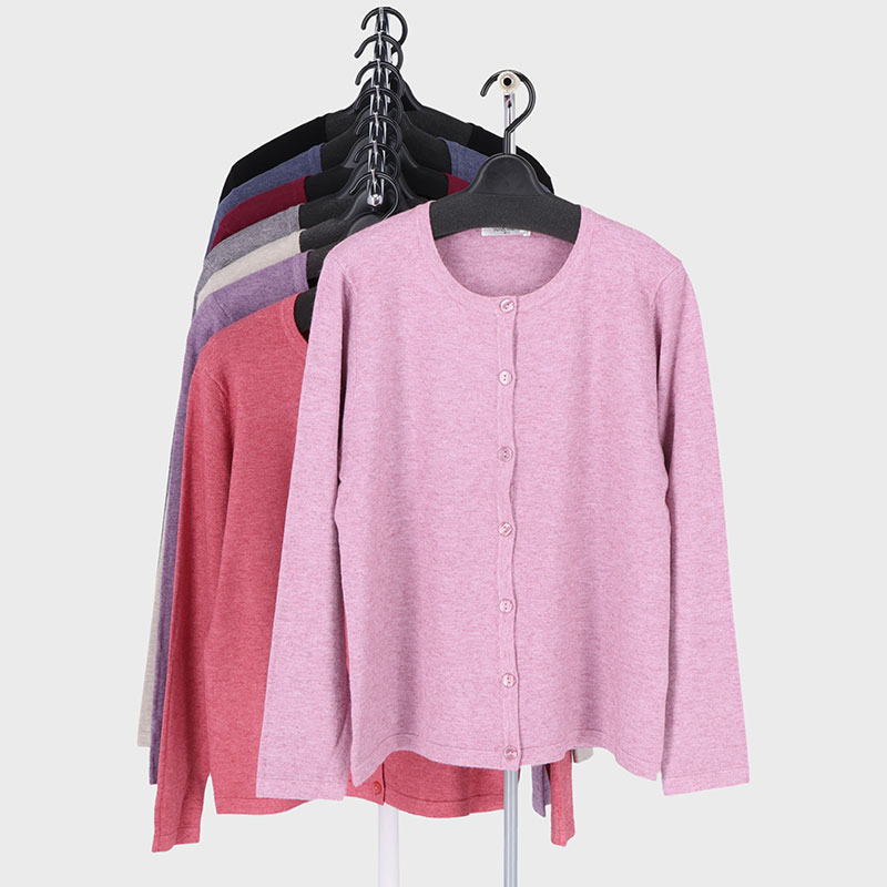 婦人もちもちニット丸首カーディガン