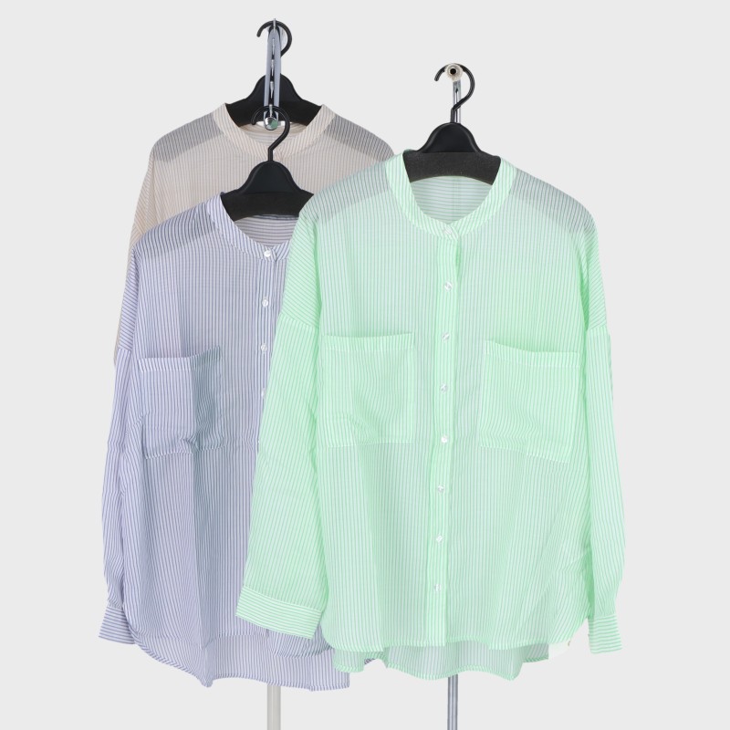 婦人長袖シアーストライプバンドカラーシャツ
