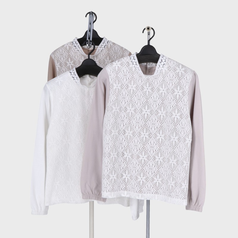 婦人長袖ミニ裏毛前身レースプルオーバー