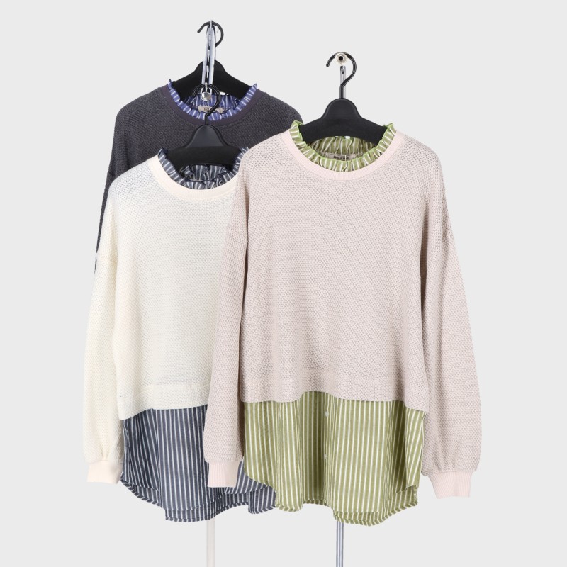 婦人長袖レイヤード風布帛切替プルオーバー