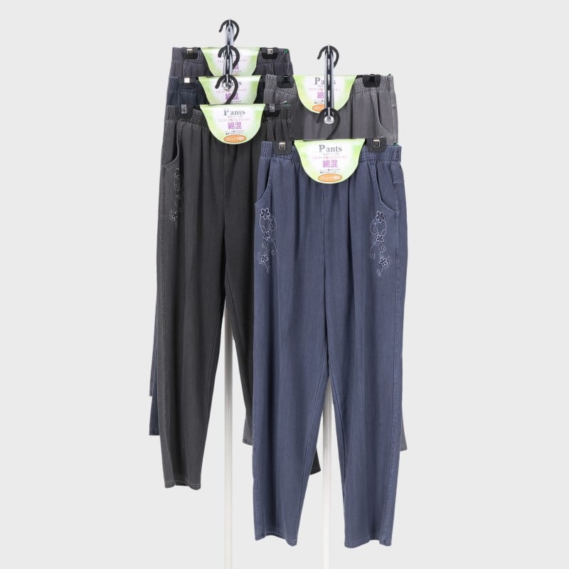 婦人製品染めポケ刺しゅうパンツ