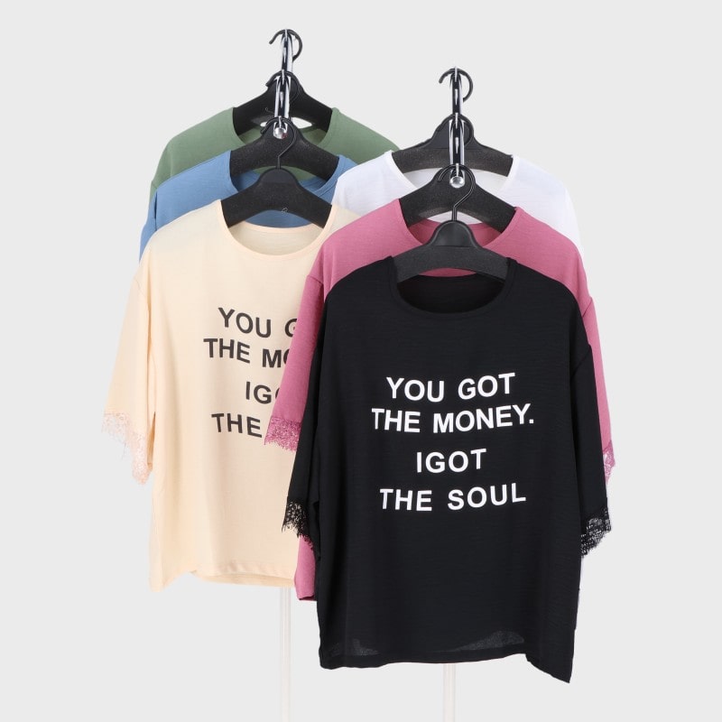 婦人英字プリント袖レースTシャツ