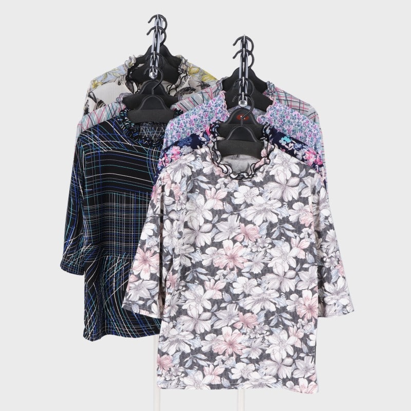 婦人7分袖メロー衿プリントTシャツ