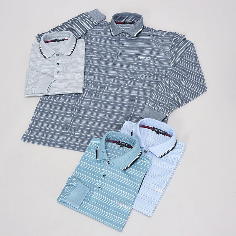 紳士長袖ブランドボーダー鹿の子ポロシャツ