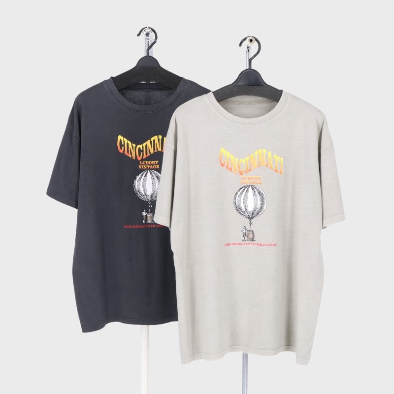 婦人綿100%ピグメント加工プリントTシャツ