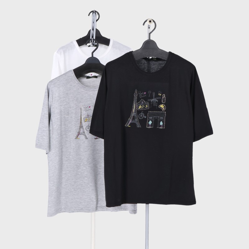 婦人半袖キラキラプリントTシャツ