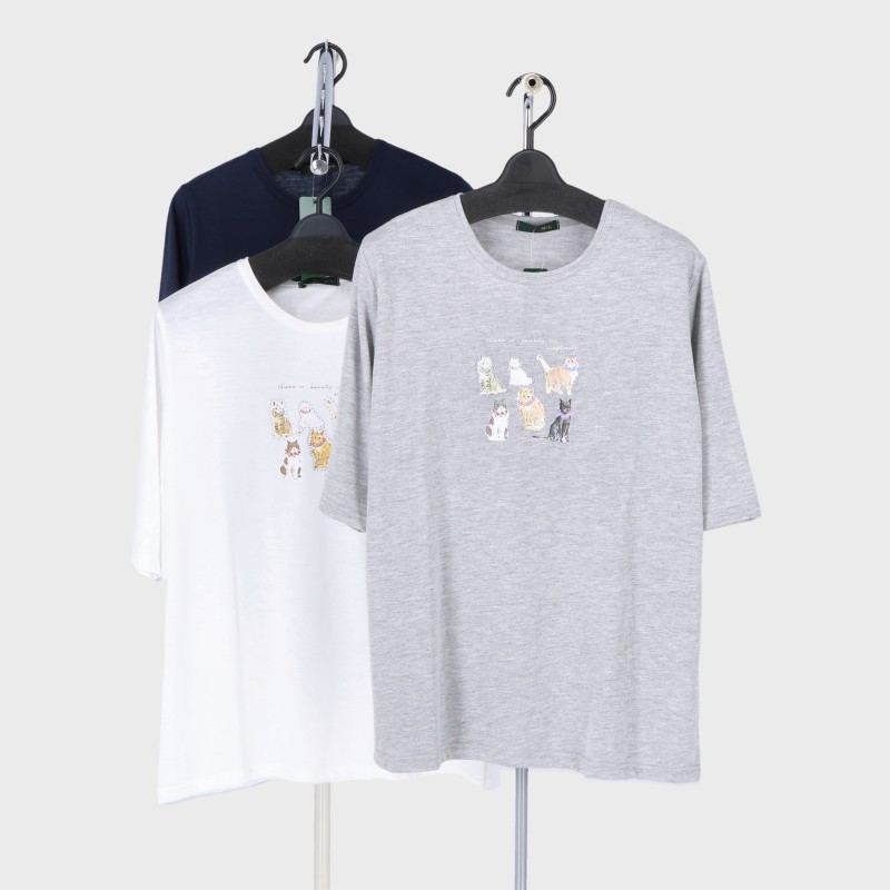 婦人半袖キラキラプリントTシャツ
