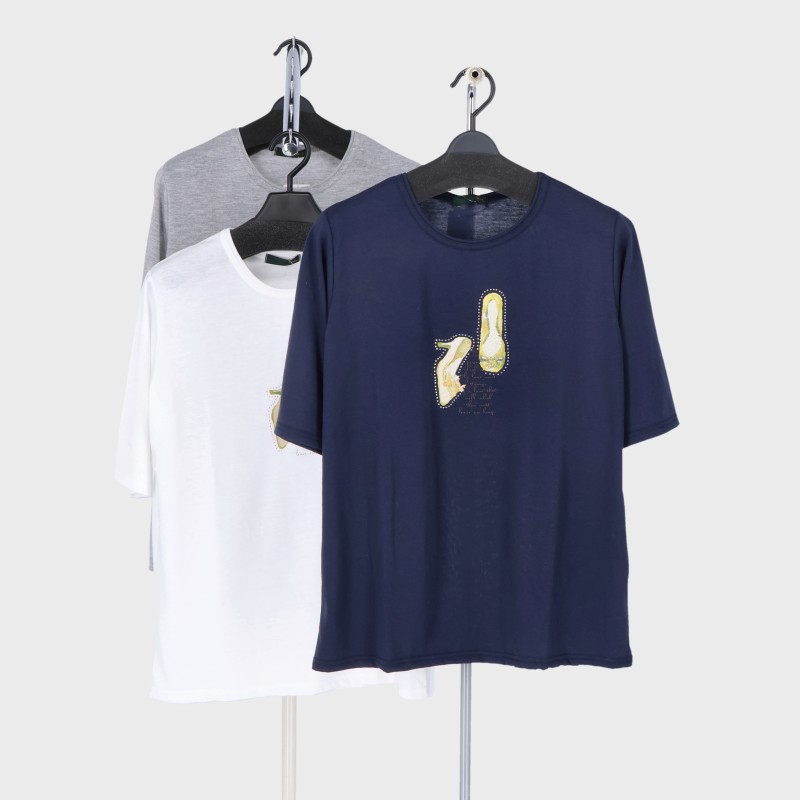婦人半袖キラキラプリントTシャツ