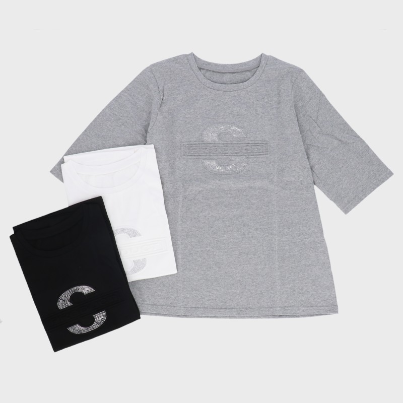 【バンドル】婦人5分袖ジルコン付エンボス加工Tシャツ