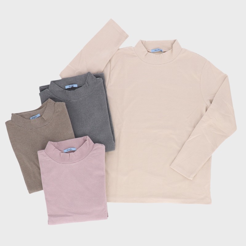 【バンドル】婦人表起毛ハイネックボーダーTシャツ