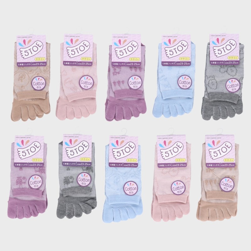 【バンドル】婦人綿混5本指フロ−ト柄クル−丈ソックス