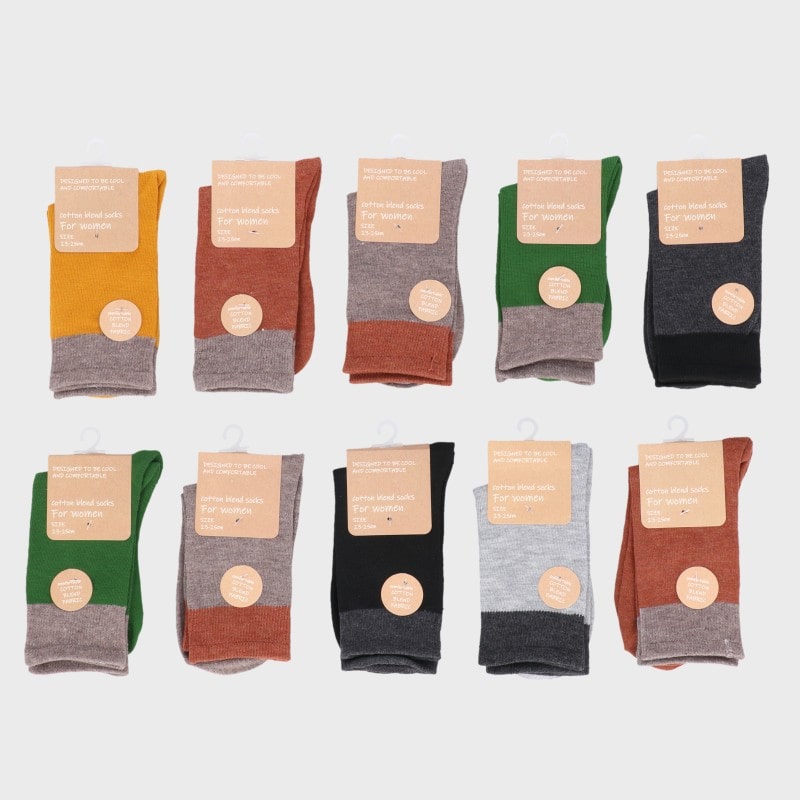 【バンドル】婦人『Ctton blend socks For Women』綿混平無地トップ切り替えクルー丈ソックス