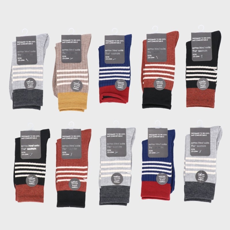 【バンドル】婦人『Ctton blend socks For Women』綿混アメリブトップ切り替え4本ラインクルー丈ソックス
