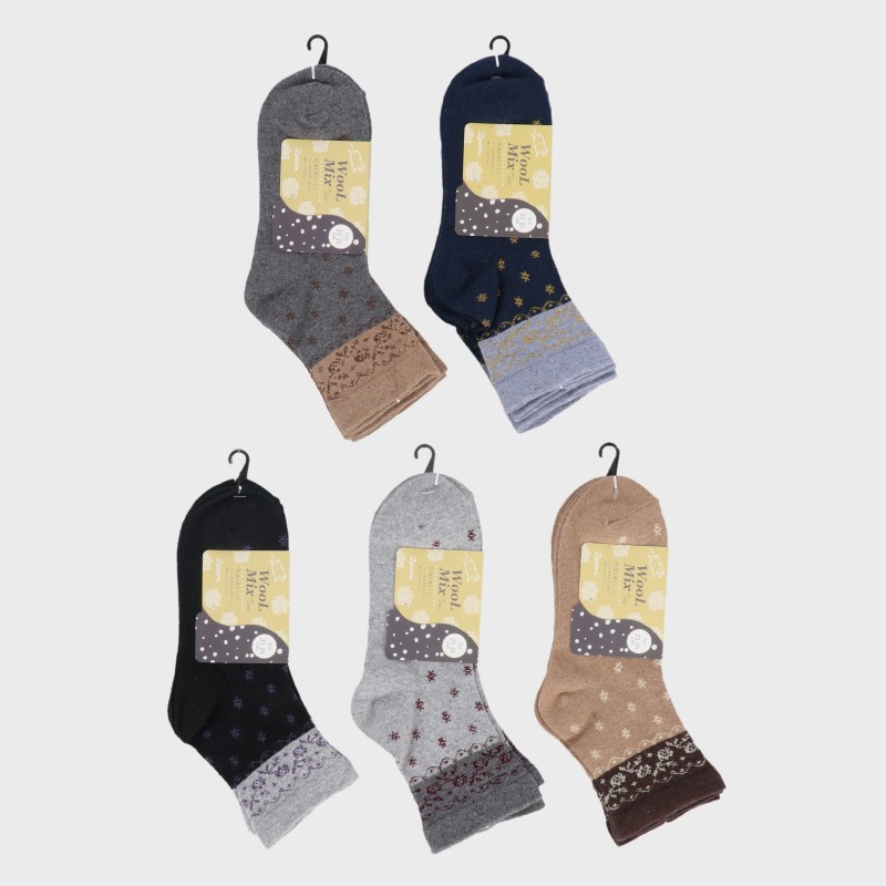 【バンドル】婦人『WOOLMiX』2足組毛混花柄切り替えクルー丈ソックス