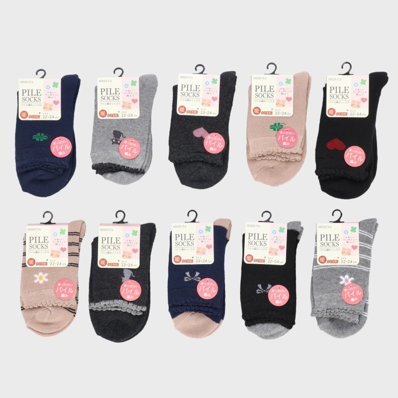 【バンドル】婦人『PILESOCKS』ワンポイント柄パイルソックスクルー丈