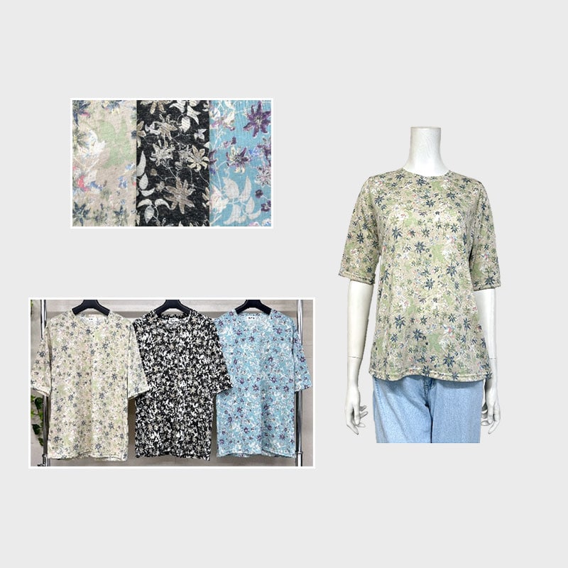 【バンドル】婦人5分袖麻混総柄プリントTシャツ