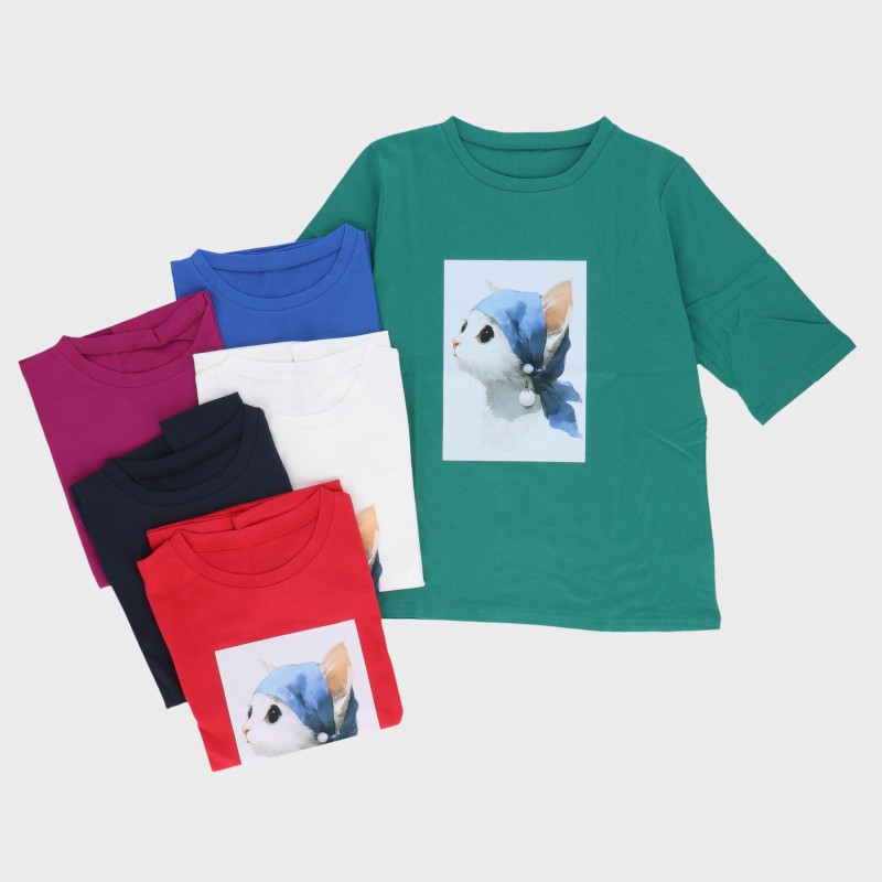 【バンドル】婦人5分袖ネコ柄プリントTシャツ