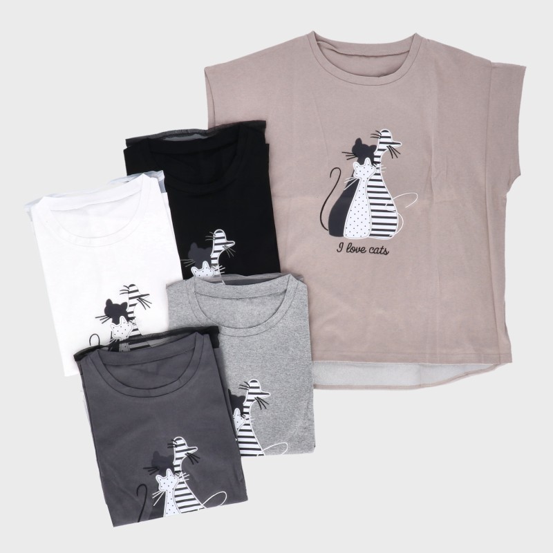 【バンドル】婦人フレンチ袖ねこプリントTシャツ